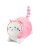 Fekvő kawaii plüss cica rózsaszín ruhában, 25 cm