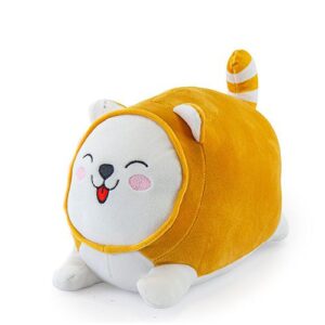 Fekvő kawaii plüss kutya narancssárga ruhában, 25 cm